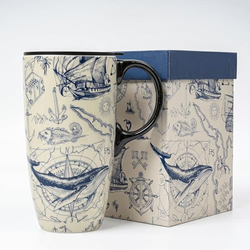 DUSVALLY 17oz Ceramic Travel Coffee Mug with Lid, Vintage Nautical Map Print, Microwave & Dishwasher Safe, Gift-Ready