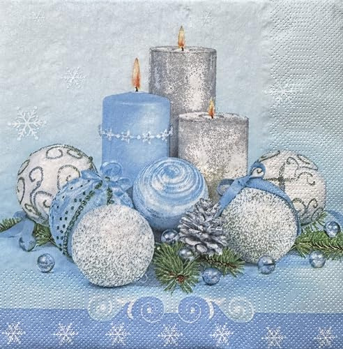 3-Ply Xmas Decoupage Tissue Paper Napkins Decorative Christmas Serviettes 33cm x 33cm - Pack of 20 (Xmas Blue & Silver Composition)
