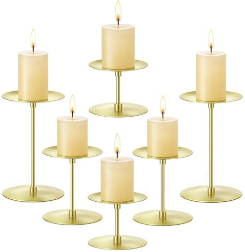 Elsjoy Satz von 6 Stumpenkerzenhalter, Metall Stumpenkerze Stand Modern Candle Holders, Kamin Kandelaber Set für Home Decor, Tisch Centerpiece, Hochzeit, 3 Größen (Gold)