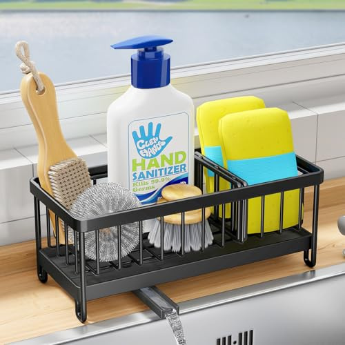 Kitstorack Kitchen Sink Caddy Metal Sponge Holder for Kitchen Organiser Sink Tidy with Removable Drip Tray and Drainage Countertop Sink Washing up Organiser (Black)