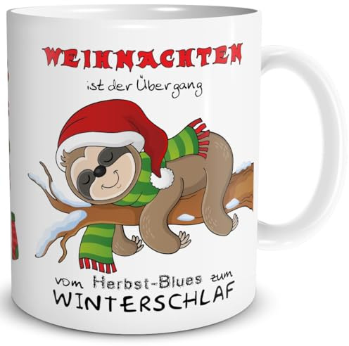 TRIOSK Lustige Weihnachtstasse Faultier mit Spruch Winterschlaf-Weihnachten! - Witziges Weihnachtsmotiv Geschenk für Faultierliebhaber, Weihnachtsmuffel, Frauen & Männer - Keramik-Tasse 300 ml