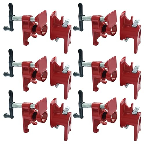 DUPDMKIN Pipe Clamps 3/4 inch 6 Pack Pipe Clamp with Unique Foot Ideal for Carpentry, Home Improvement, and DIY Projects Wood Gluing Clamps (Red, 3/4 IN)