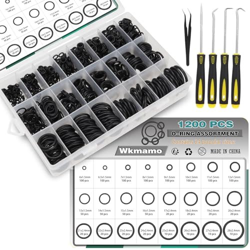 Wkmamo 1200 PCS Joints Toriques Kit,24 Tailles O-Ring Joints Assortiment en Caoutchouc, Avec 4 Pick d'extraction du joint d'huile et une 1pince à épiler (1200)