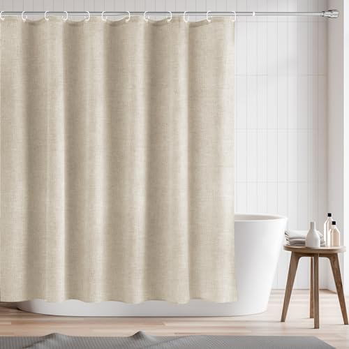 RAYNEAY Linen Fabric Shower Curtain Taupe, 182x182cm Heavy Duty Fabric Linen Textured Shower Curtain with Weighted Hem for Bathroom