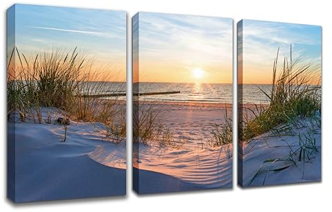 Visario Leinwandbild 120x80 cm 4422 Strand Meer Dünen Sonne gerahmt auf echtem Holzrahmen - Wandbild Natur Landschaft Nordsee Ostsee maritim - fertig aufgespannt sofort aufhängbar Wohnzimmer