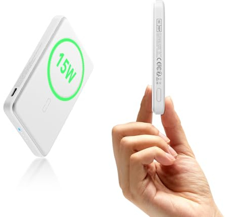 ESR 15 W zertifiziertes MagSafe Power Bank, 5.000mAh 15W schnelles tragbares Ladegerät, 1,4 cm kompakte Powerbank, MagSafe Ladegerät mit USB-C Kabel für iPhone 17/16/15/14/13/12/Google Pixel 10, Weiß