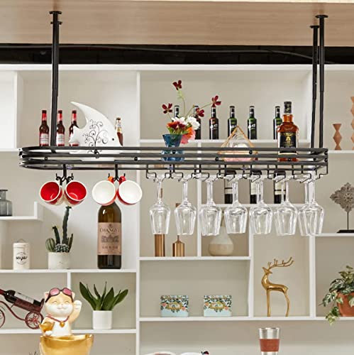 wine rack Hanging Wine Glass Rack, Industrial Vintage Metal Bar Wine Glass Hanging Rack, Adjustable Metal Ceiling Wine Glass Rack, Floating Shelf for Dish Bottles for Home Kitchen, Black, 100x25