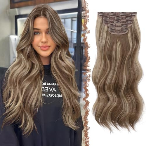 FESHFEN Clip in Extensions Wellig Haarverlängerung, 5 PCS Lang Gewellte Haarextension mit Clips Synthetik Haarteil Hellbraun & Blond Haare Extension für Damen, 50 cm