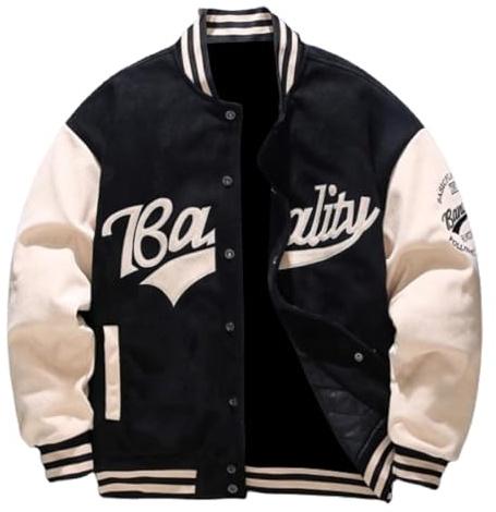 VLOYSR Jackets for Men UK Varsity College Jacket Baseball Jackets Vintage Outwear with Pockets Unisex Coat Patchwork Top Streetwear Black
