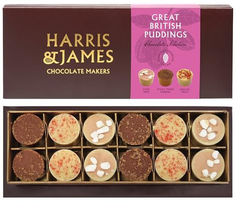 Harris & James Great British Puddings 12 Piece Chocolate Selection Box. Handmade Luxury Chocolates From Bean To Bar. Raspberry Eton Mess, Sticky Toffee & English Trifle Chocolate (180g)