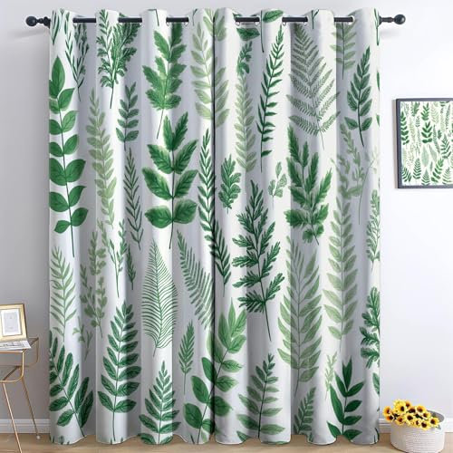 Blackout Curtains For Bedroom - Soft 3D Printing Graphic Design Ferns Leaves Bedroom Eyelet Curtains 46” W x 90” L Drop Noise Reduce Panels For Nursery For Home Decoration, 2 Pcs