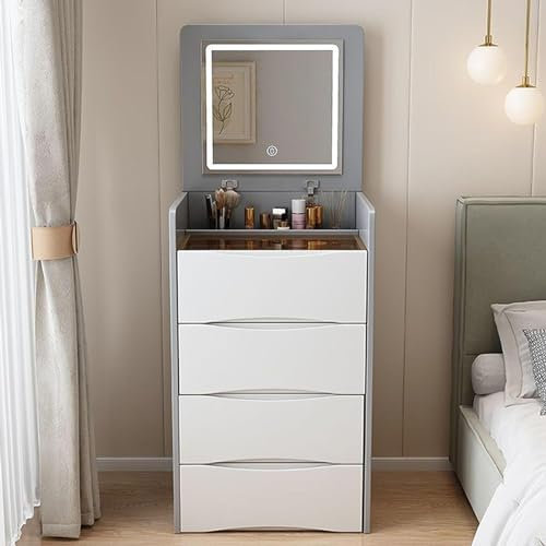 Tavolo da toeletta pieghevole con specchio illuminato, cassetto portaoggetti interno, specchio LED in 3 colori e sgabello, grigio (40 cm)