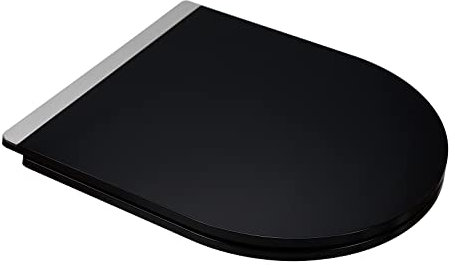 Fanmitrk Asiento de inodoro con dispositivo de descenso automático, forma de D, negro, 46 x 36 cm, tapa de inodoro termoestable con cierre rápido, tapa de inodoro con tira decorativa de metal