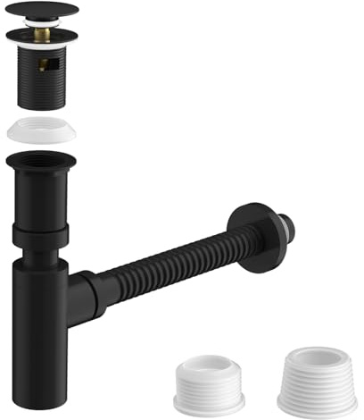 Hibbent Siphon mit Pop Up Ventil Ablaufgarnitur für Waschbecken, Höhenverstellbares & Biegsames 304 Edelstahl Abflussrohr (für Waschbecken mit Überlauf) - G1 1/4 （ca.40mm)Universalanschluss - Schwarz