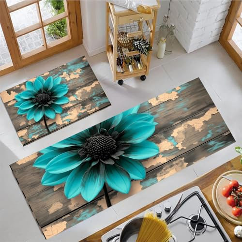 GDJSMIN Küchenteppiche 2 Stück,rutschfest Waschbar Dauerhaft Küchenläufer,Anti-Müdigkeit Küchenteppich,Carpet Für Badezimmer/Wohnzimmer Flur (Türkis Dahlien, 50×80Cm+50×120Cm)
