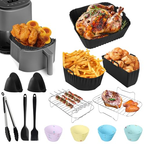 Accesorios Freidora de Aire, 22 Piezas Molde Silicona Freidora de Aire, Airfryer Accessoire para Freidora Para Ninja AF140EU/AF180EU, Cosori 4,7L/5,5L/6L/6,2L Philips 6.2L/7.2L, Cecotec 5L/5,5L/6L etc