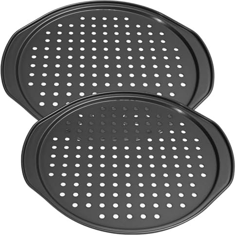 Confezione da 2 teglie per pizza perforate da 33 cm con manici, in acciaio al carbonio, antiaderenti, per uso in forno
