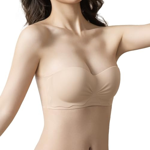 FOX-TECH Strapless Bras, Klebe BHS, Rückenfreier BH Damen, Rutschfestes Trägerloser BH Push Up (Beige,E)