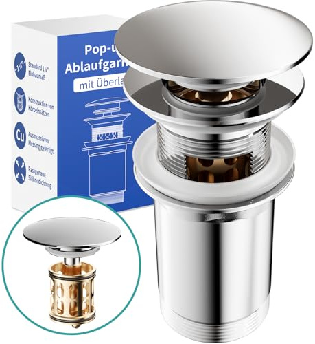 MIAOHUI G 1 1/4 Ablaufgarnitur Waschbecken Chrom, mit Überlauf | Universal Messing Waschtische Pop up Ablaufventil, Abfluss mit Haarfänger Abflusssieb, Badezimmer Waschtisch Ablauf