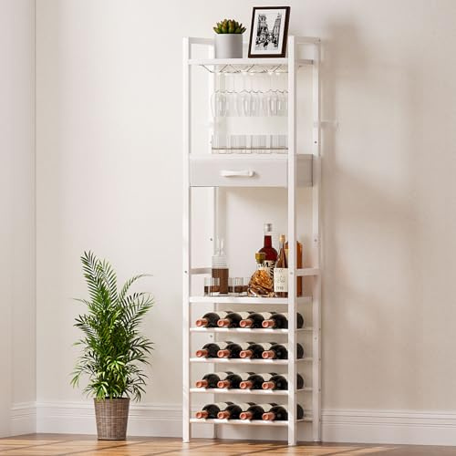 Yorbay Casier à Bouteilles pour 16 Bouteilles, Casier à Vin sur Pied à 4 Niveaux avec Porte-Verres et Tiroir, Etagere à Vin en Métal Vintage avec Étagères pour Bar, Cuisine, Salle à Manger (Blanc)