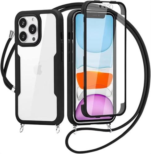 xinyunew Coque avec Cordon pour iPhone 11, Antichoc Housse avec Protection d'écran, 360° Téléphone Etui Double Face Case Transparent Intégrale Coque avec Cordon pour iPhone 11 - Noir