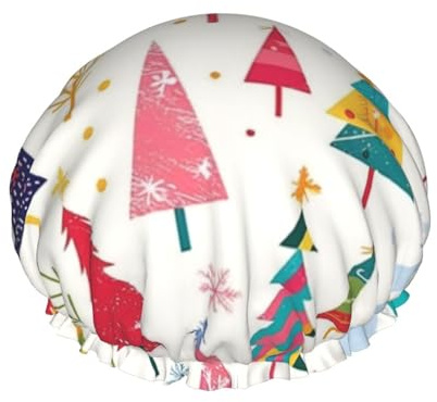 Cuffia da doccia da donna con albero di Natale colorato, impermeabile, riutilizzabile, copertura elastica per capelli, per bagno, spa, viaggi e uso quotidiano