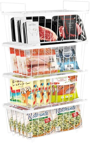 4 Pack Chest Freezer Baskets, Stackable Freezer Organiser with Handles, Freezer Baskets for 198L Sort Frozen Foods, Freezer Organiser, Freezer Storage Boxes Wire Drawers Bins, Easy to Get Items（White）
