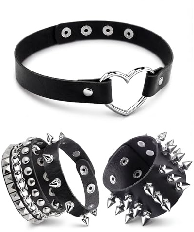 Geyynow 4PCS Stud Punk Bracelet Heart Choker Set, Leather Emo Studded Wristband Necklace, Metal Rockstar Accessories for Men Women