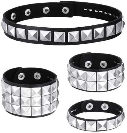Qulkws 4 Pcs Studded Bracelet Studded Leather Choker Necklace Set Scenecore Accessories Punk Bracelet Rock Studdeds Leather Wristband Emo Goth Jewelry Scene Costume Accessories for 80s 90s Men Women