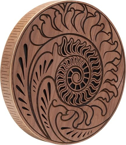 Sonic Energy 10 Zoll Raindisk, Ozean-Klang, Natur (RDO10F) | 25,4 cm im Durchmesser, Fibonacci-inspirierte Gravur, inkl. Tasche und Ständer, Schwarzes Walnussholz, MDF