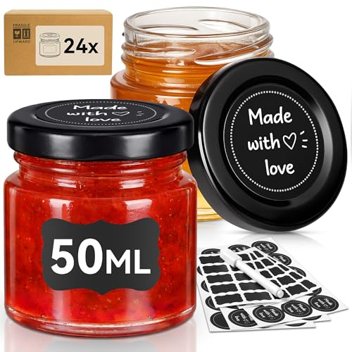 Aonext 24er Set Einmachgläser Klein 50 ml (65 ml Randvoll) mit Schraubdeckel Schwarz – Mini Marmeladengläser, Einweckgläser mit Deckel, Kleine Gläser mit Etiketten zum als Kleines Geschenk