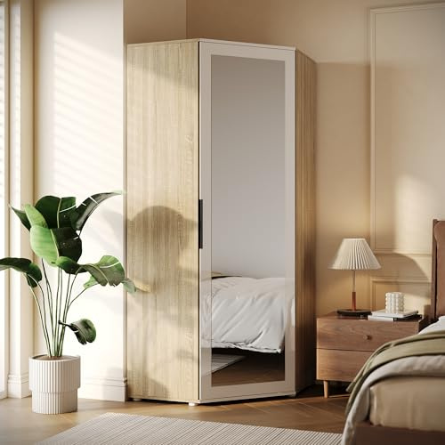 ELEGANT Corner Large Mirrored Wardrobe with 2 Hanging Rails and 5 Storage Shelves, Modern White Oak High Gloss Door & Matt Bedroom Closet Storage, Space Saving Design