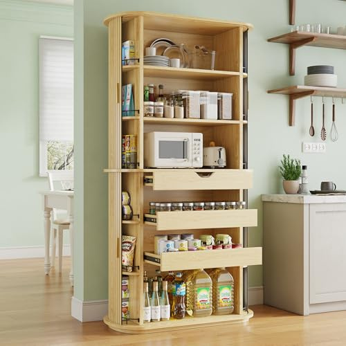 iPormis Kitchen Pantry with Sliding Doors, Tall Modern Curved Pantry Storage Cabinets with Drawer & Pull Out Shelves, 64 Freestanding Wood Cupboard for Kitchen Dining Room Living Room, Natural