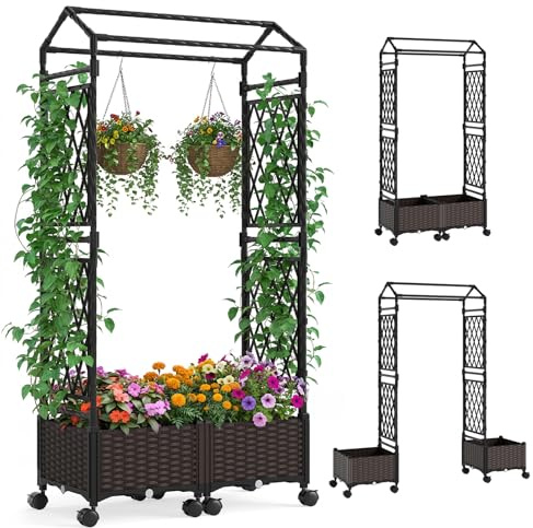 RELAX4LIFE Jardinière Surélevée avec Treillis, Arche Jardin avec 2 Jardinières sur roulettes, Montage Modulable sans Outil, Auto-Arrosage, Trous de Drainage pour Plantes Grimpantes Légume Fleur