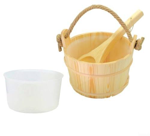Seau de sauna en bois de 6 l avec louche, seau en bois d'épicéa avec doublure en plastique et poignée en corde pour une expérience de sauna traditionnelle