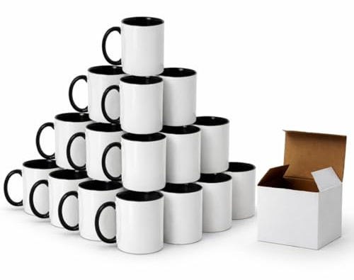 Publiclick Lote 36 tazas ceramicas sublimación Negras de 350ml capacidad con exterior en color blanco e interior en Negro, presentadación en cajas individuales Negras, tazas sublimación al mayor.
