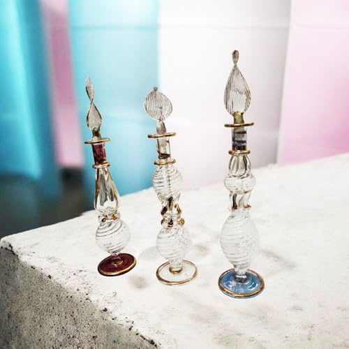 1 Bote de Cristal Soplado Artesanal Egipcio – Frasco Decorativo con Tapón para Perfume o Aceites Esenciales – Hecho a Mano en Egipto – 15 cm Aprox. (Modelo Aleatorio)