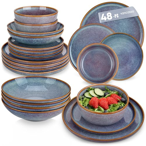 vancasso Dinner Sets for 12 People, 48-Piece Stoneware Crockery Set, Mediterranean Style Reactive Glaze Dinnerware Sets with Dinner Plates/Dessert Plate/Cereal Bowls/Pasta Bowls, Lavender Blue