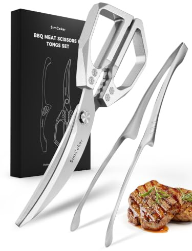 Korean BBQ Scissors Set with Tongs for Table-Side Meat Cutting & Sharing | Curved stainless steel scissors with a serrated inner edge and matching tongs for cooked meat; dishwasher safe