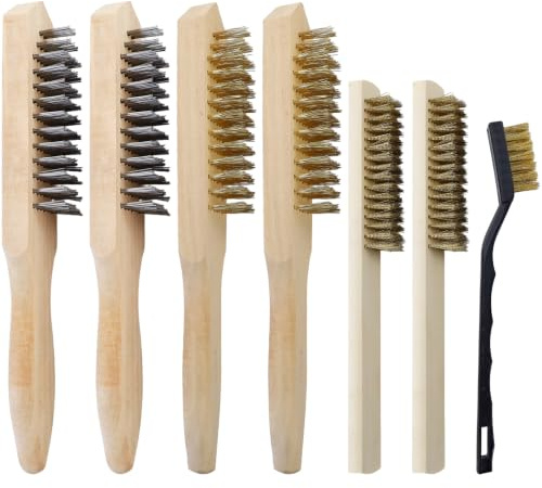 Cepillo de acero con mango de madera, 7 piezas, con mango de madera, cepillo de latón, cepillo de alambre de 2 tamaños, cepillo de acero resistente, cepillo de alambre manual, latón de óxido, pintura