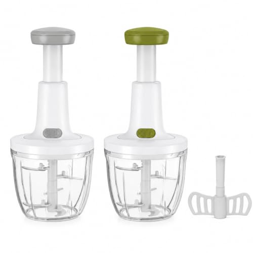Cflagrant Hachoir Manuel à Poussoir 900 ml, Hachoir & Batteur 2 en 1 avec Lames Inox et Accessoire Mélangeur, Mini Hachoir Sans Électricité pour Légumes, Herbes, Ail, Oignons – Coloris Aléatoire