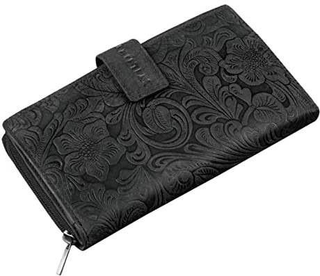 STILORD Greta Vintage Damen Geldbörse Leder Portemonnaie Blumen Muster Große Geldbörse Lianen Gross Quer 13x EC-Karten und Kleingeld aus Rindsleder Farbe:Sepia - braun