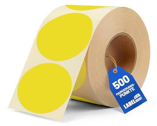 Labelident Markierungspunkte, Klebepunkte neongelb - Ø 75 mm - 500 bunte Papieraufkleber auf 1 Rollen, Inventuretiketten selbstklebend