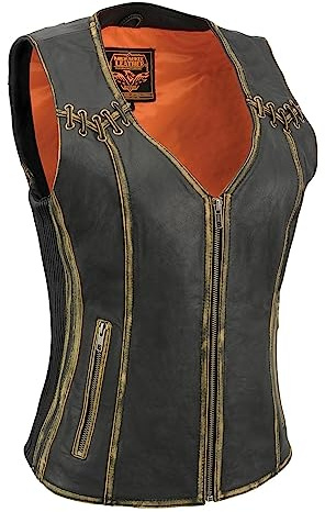 Milwaukee Leather MLL4527 Womens Leather Vest W Shoulder & Back Lacing Detail Distressed Brown