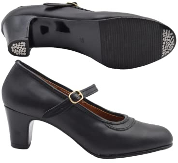 PASARELA - Zapatos de Baile Flamenco de Piel Negros con Clavos y Cierre de Hebilla para Mujer Cuero Mujer Color: Negro Talla: 37