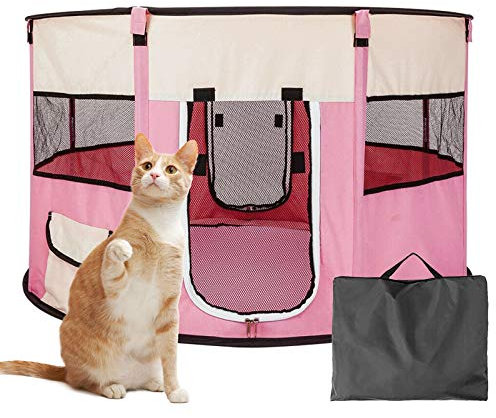 PJDDP Faltbar Welpenlaufstall Tierlaufstall Welpenauslauf,Faltbar Haustier Zelt, Tragbar, Aus Oxford-Mesh, Für Camping, Spielhaus Für Hunde Katzen Kleintiere,Rosa,XL