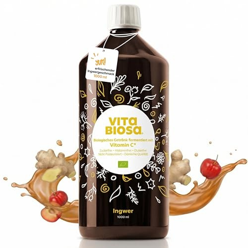 Vita Biosa Ingwer + Vitamin C Bio Fermentgetränk 1 L – mit Vitamin C zur Unterstützung des Immunsystems – mit Ingwer für die Verdauung – vegan, zuckerfrei, laktosefrei, Bio-Qualität