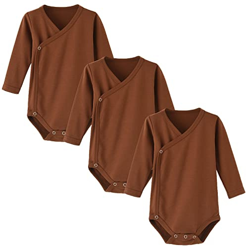 BINIDUCKLING 3er Pack Baby Jungen Mädchen Langarm Wickelbodys - 100% Baumwoll Baby Body mit Seitlichen Druckknöpfen für Neugeborene-12 Monate