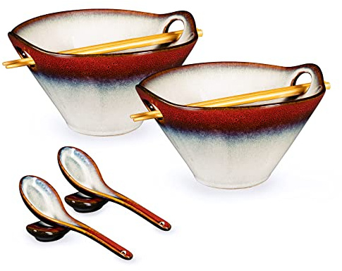 Set med 2 keramiska ramenskålar, 780 ml ramen nudlar soppskålar med ätpinnar, sked och sked, japansk porslin ramen skål set för asiatiska livsmedel nudlar, gradient röd