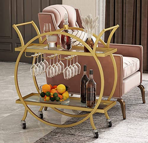Barwagen Gold, Home Rolling Servierwagen mit 2 Metallgriffen, moderner Weinwagen auf Rädern, Likör, Cocktail